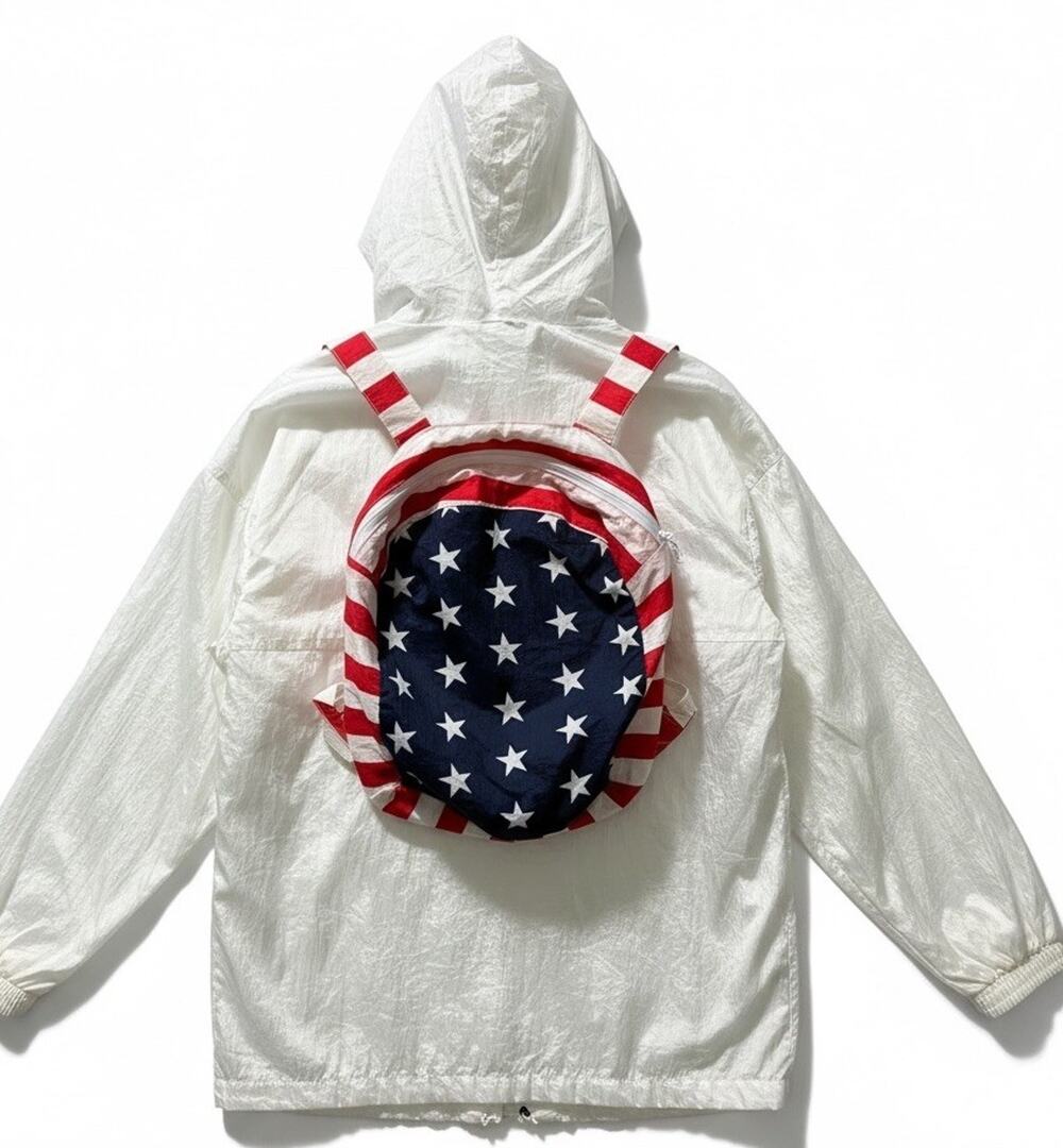 VTG 80s USA Flag Jacket Converts To Backpack Parachute Americana Stars Stripes L